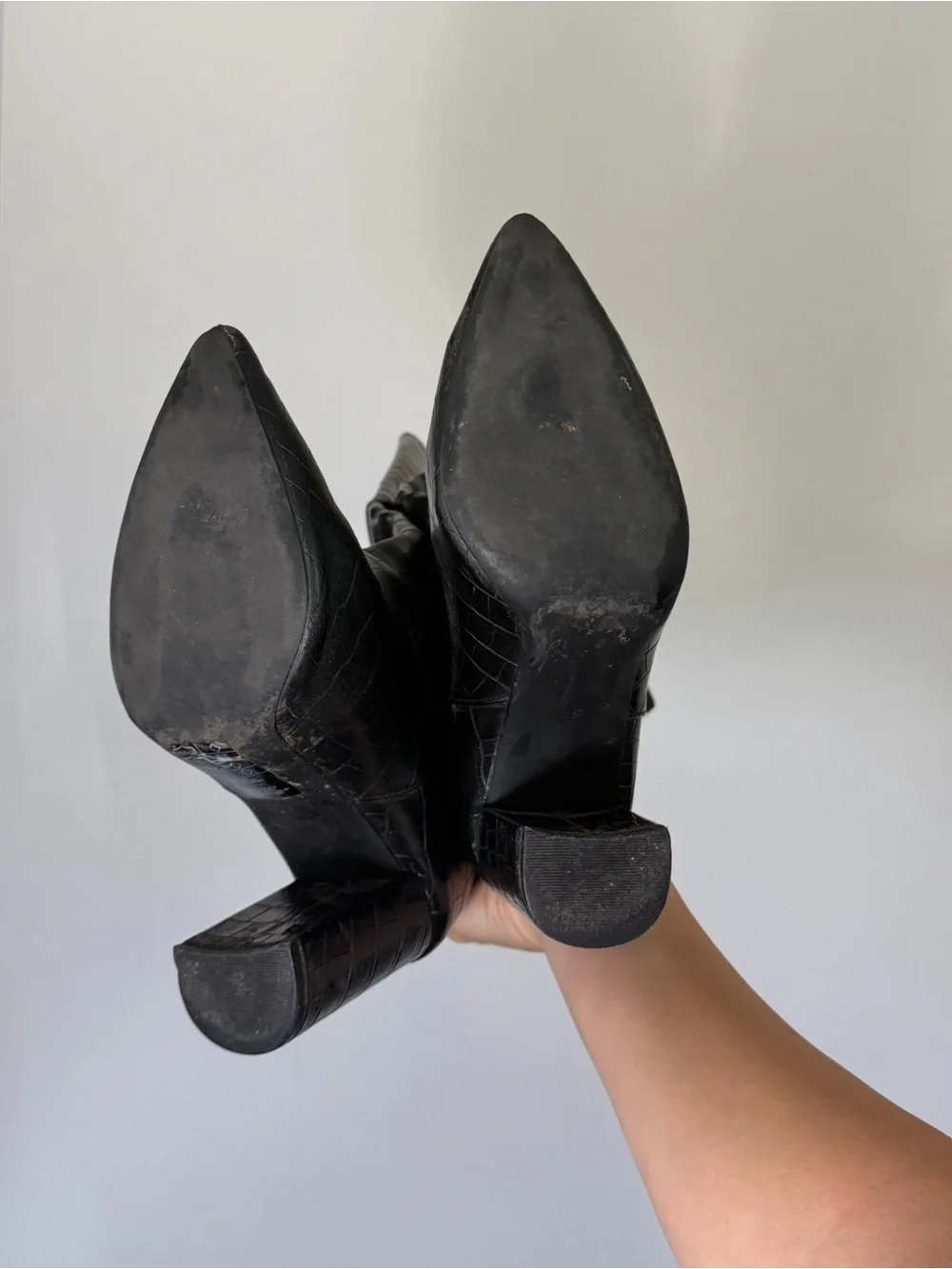 Black Croc-Embossed Knee-High Block Heel Boots